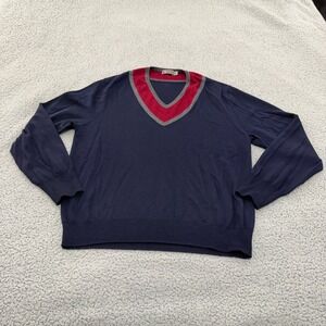 G/FORE Mens V-Neck Wool Sweater Navy Blue Red Grey Stripe Trim Size L Golf